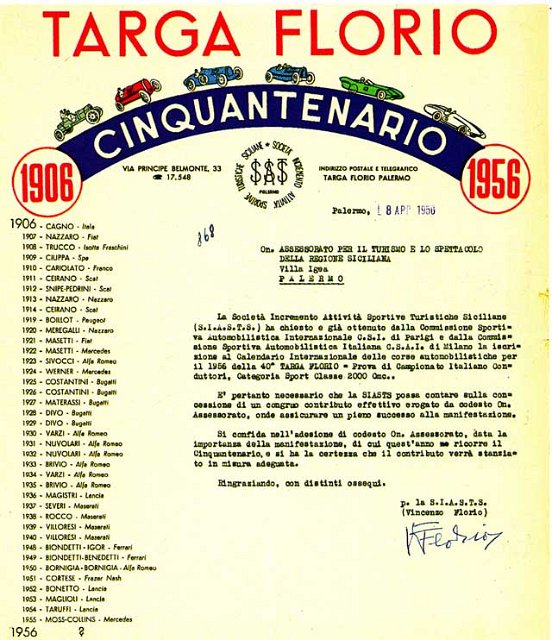 PHOTOGALLERY TARGA FLORIO 1956 TARGA FLORIO 1956 VARIE Lettera